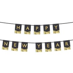 two black and gold happy new year banners hanging from a string on a white background