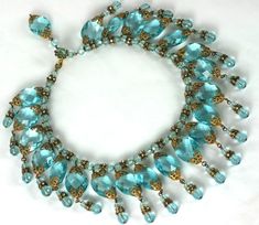 Miriam Haskell Aquamarine Crystal and Diamonte Drop Bib For Sale at 1stDibs Light Blue Faceted Beads Elegant Jewelry, Elegant Light Blue Jewelry With Faceted Beads, Elegant Aquamarine Faceted Beads Jewelry, Elegant Aquamarine Jewelry With Faceted Beads, Buddha Necklace Gold, Red Choker Necklace, Blue Diamond Necklace, Byzantine Necklace, Gold Leaf Necklace