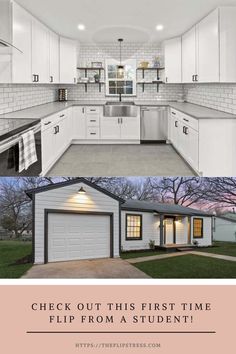 the before and after pictures of a kitchen remodel with white cabinets, black trim