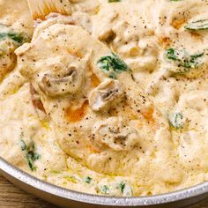 a close up of food in a pan on a table