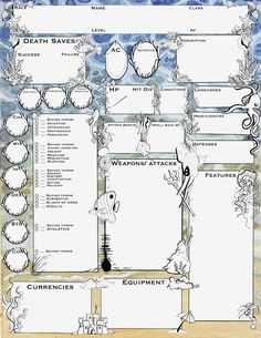 Hand drawn and painted character sheets for D&D.  Included is a PDF of 3 high resolution (8.5 x 11 paper) character sheets, with space for spells, character description, and more. Dnd Notes, Mermaid Sheets, Paper Character, Rpg Character Sheet, Dnd Journal, Dnd 5, Dnd Character Sheet, Dnd Crafts, Character Sheet Template