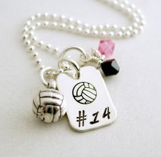 "Your volleyball team will love this custom sports team necklace, hand stamped in sterling silver. This is a great gift for the athlete, coach, mom or grandma! This necklace will come hand stamped with the jersey number or initial of your choice. The 14mm x 10mm sterling silver rectangle disc is also stamped with a volleyball design. A sterling silver volleyball hangs on the necklace. If you would like to inquire about other sports charms available, please convo us. Please leave a note in the \" Sporty Personalized Necklaces For Sports, Customizable Team Spirit Sports Jewelry, Personalized Adjustable Sports Jewelry, Volleyball Necklace, Volleyball Design, Volleyball Designs, Sports Jewelry, Custom Gift Boxes, Volleyball Team