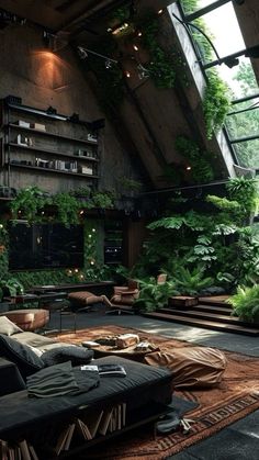 a living room filled with lots of plants and furniture