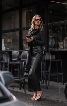 Classic, versatile, luxurious... Elevate your weekend wardrobe with this effortless leather-look maxi. Crafted from our premium, textured Pebbled™ Vegan Leather, create a head to toe look with the matching oversized shirt and heels, or casually pair with your Luxe Rib™ essentials. 60% polyurethane leather | 40% viscose Soft, luxurious, textured vegan leather High rise waist, sits just above the belly button Mid thigh, front split A.T.G custom gold shank button Front and back pockets with gold ri Luxury High Rise Skirt With Pockets, Luxury Viscose Skirt For Spring, Luxury High Rise Casual Skirt, Luxury High Rise Fitted Skirt, Luxury Gold Shirt For Spring, Luxury Viscose Shirt For Spring, Luxury Oversized Spring Maxi Dress, Leather Skirt Satin Top, Luxury Leather Classic Shirt