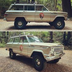 two pictures of an old jeep in the woods, one is gold and the other is white