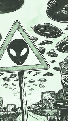 an alien crossing sign in the middle of a road with cars and aliens flying around