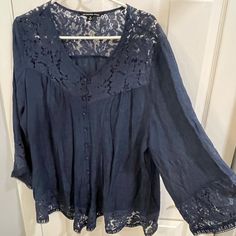 Reposhing This Item I Purchased From @Mgsobusy. Loved It, But Never Worn Since Purchased From A Smoke Free Pet Friendly Home. Questions? Leave A Comment Below! Blue Lace Trim Top For Fall, Blue Lace Trim Tops For Fall, Casual Blue Lace Top, Blue Casual Lace Top, Blue Long Sleeve Lace Top, Blue Bohemian Blouse With 3/4 Sleeves, Cheap Non-stretch Blue Blouse, Indigo V-neck Bohemian Tops, Indigo Cotton Button-up Tops