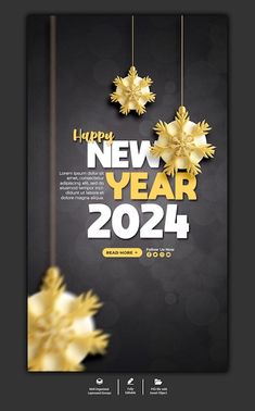 a black and gold new year flyer with snowflakes hanging from the strings, on a dark background