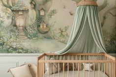 a baby's room with a wall mural and crib in the foreground