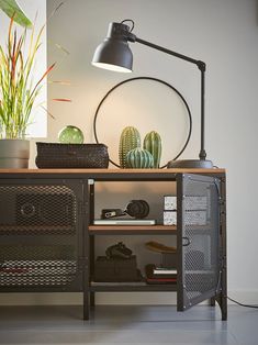 a table with some plants and other items on it in front of a wall mounted lamp