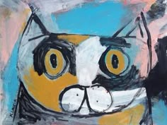 a painting of a cat with yellow eyes and black nose, on a blue background