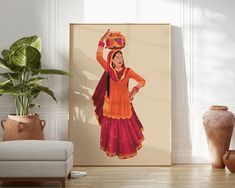 a woman in an orange and red dress with a potted plant