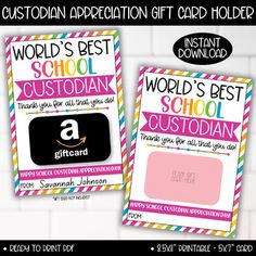 two personalized teacher appreciation cards with the words, world's best school custoian