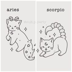 two drawings of cats with the words aris and sorpio