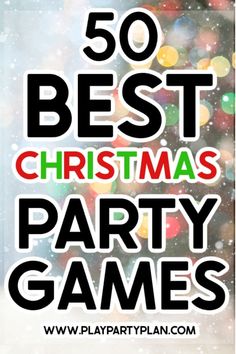 the words 50 best christmas party games are in black and white with colorful lights on it