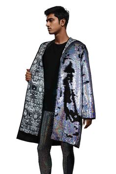 Shop Our Mens Sequin Hoodie Jacket. This Sparkle Jacket Mens in hologram silver sequins is the most versatile holographic jacket for a rave mens outfit. Metallic Disco Outerwear For Party, Trendy Outerwear With Contrast Sequin For Party, Glamorous Embellished Outerwear For Holiday, Glamorous Holiday Embellished Outerwear, Winter Night Out Contrast Sequin Fabric, Metallic Outerwear For Winter Party, Metallic Winter Party Outerwear, Metallic Outerwear For Party In Winter, Glitter Outerwear For Party Season