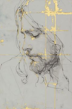 a drawing of a man's face with yellow lines on the wall behind it