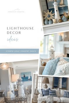 a collage of photos with lighthouses, pillows and other items in it's display