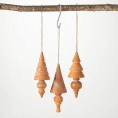 three wooden ornaments hanging from a tree branch