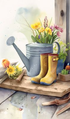 a painting of flowers in a watering can and gardening tools