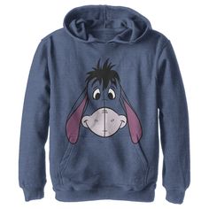 Take a stroll with Christopher Robin through Hundred Acre Woods in this officially licensed Disney Winnie the Pooh style! This distressed, cartoon-style Boys' Hoodie features a large portrait of Eeyore with a slight smile on his face. You will love this tee almost as much a Winnie the Pooh loves his honey. Size: small. Color: navy blue heather. Gender: male. Age Group: kids. Pattern: Farm Animals. Material: Cotton. Blue Long Sleeve Hoodie With Character Print, Blue Hoodie With Character Print, Blue Hooded Sweatshirt With Character Print, Blue Character Print Hoodie Sweatshirt, Blue Hoodie Sweatshirt With Character Print, Disney Hoodie With Cartoon Print For Winter, Disney Cartoon Print Hoodie For Winter, Disney Cartoon Print Winter Hoodie, Disney Style Winter Hoodie With Cartoon Print