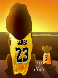 a cartoon bear wearing a basketball jersey sitting in front of a sunset