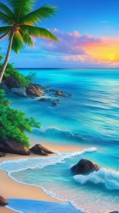 a painting of the ocean and beach with palm trees