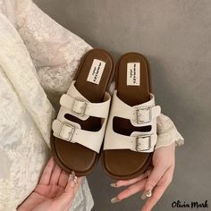 Olivia Mark - Vintage Flat Slides: Exquisite Buckle Sandals with Soft Sole for Beach and Outdoor Wear Women Slippers Fashion, White Athletic Shoes, Vintage Flats, Stylish Couple, Rubber Sandals, Outdoor Slippers, Faux Fur Slippers, Summer Slippers, Women Slippers