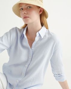 This shirt is the epitome of low-maintenance luxe. As a button-up, it's a classic wardrobe essential, but we love to wear it open as a spring/summer light layer. Our linen is made from 100% European flax, which is more sustainable and less resource-intensive to grow. Linen is the ultimate year-round fabric because it's breathable and naturally heat-regulating.  | Quince | Women's Long Sleeve Shirt in Light Blue, Size Medium, Linen Summer Loungewear, Classic Wardrobe Essentials, Wide Leg Linen Pants, Classic Wardrobe, European Linens, Womens Long Sleeve Shirts, Organic Linens, Linen Clothes, Linen Pants