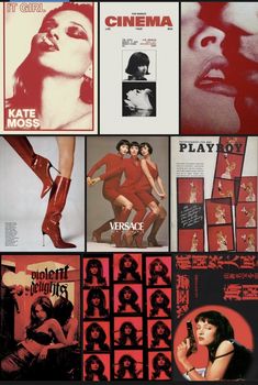 various movie posters with women in red dresses and high heeled shoes on them, including one