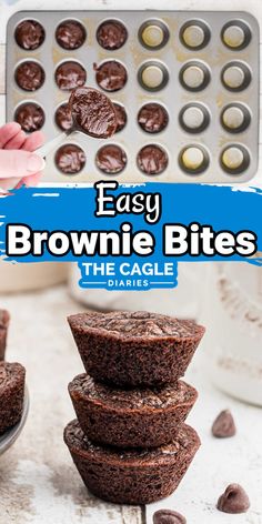 chocolate brownie bites stacked on top of each other in front of a muffin tin