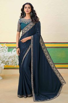 Classic Saree, Navy Blue Art, Gown With Dupatta, Cotton Silk Fabric, Anarkali Gown, Designer Sarees Online, Navy Blue Fabric, Elegant Saree