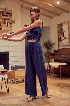 Crop top with spaghetti strap ties, pockets. rayon/linen Casual Ruffle Bottoms In Rayon, Casual Rayon Bottoms With Ruffles, Blue Cropped Pants For Summer, Summer Viscose Pants With Pockets, Chic Blue Rayon Bottoms, Crop Top Pants Set, Ruffled Crop Top, Vibe Tribe, Navy Linen