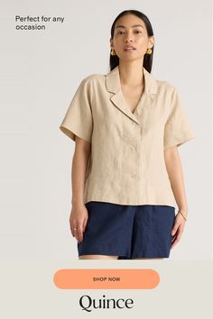 A year-round linen short-sleeve shirt? Yes, please. This button down linen shirt has a collar for an elevated look, is lightweight and made from organic materials. Its airy construction makes it perfect for basically occassion. Especially with the matching linen pants.  | Quince | Women's Short Sleeve Shirt in Driftwood, Size XL, Linen Solid Linen Camp Collar Top, Linen Camp Collar Top, Linen Top With Camp Collar, Solid Linen Top With Camp Collar, Solid Linen Shirt With Camp Collar, Linen Shirt With Collared Neckline For Work, Flax Relaxed Fit Tops With Spread Collar, Flax Tops With Relaxed Fit And Spread Collar, Relaxed Fit Linen Short Sleeve Shirt For Everyday