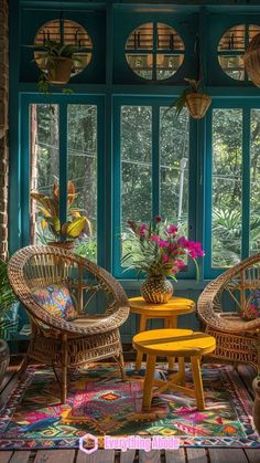 two wicker chairs sitting on top of a wooden floor next to a yellow table