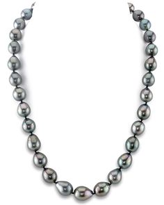 Dare to dazzle with this gorgeous Tahitian South Sea pearl necklace. This strand is perfect for the pearl lover who wants a truly unique look. Drop shaped pearls are loved by women worldwide because of their fashionable and irregular shape, which makes each strand entirely unique. This necklace features pearls direct from the pearl farms of Tahiti. These pearls graduate from 9mm in the back to an exquisite 11mm centerpiece. These pearls were graded AAAA in quality for their incredible luster and Formal Single Strand Tahitian Pearl Necklace, Classic Tahitian Pearl Necklace With High Luster, Classic Tahitian Pearl Drop Necklace, Luxury Single Strand Tahitian Pearl Necklace, Elegant Single Strand Tahitian Pearl Necklace, Tahitian Pearl Necklace With Single Strand Of Round Beads, Tahitian Pearl Necklace With High Luster Round Beads, Tahitian Pearl Single Strand Necklace, High Luster Tahitian Pearl Necklace With Round Beads