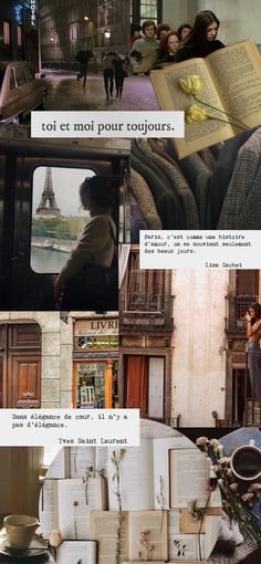 the collage shows people sitting in chairs and looking at books on display, with an eiffel tower in the background