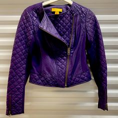 Gorgeous Color!!! Purple Leather With Canvas And Quilted Details. Fits Slim To The Body. Size 4 Is Ok. Quilted Fitted Biker Jacket With Long Sleeves, Fitted Quilted Biker Jacket With Long Sleeves, Quilted Fitted Biker Jacket For Fall, Fitted Quilted Biker Jacket For Fall, Quilted Long Sleeve Leather Jacket For Work, Chic Quilted Leather Jacket, Quilted Leather Jacket For Workwear, Quilted Fitted Leather Jacket, Quilted Fitted Leather Jacket For Fall