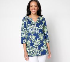 Ready to take on summer, this tunic top is splashed with a fun tropical print. The split neckline pairs perfectly with a favorite necklace.�From Quacker Factory®. Hawaiian V-neck Top With Tropical Print, Summer Tops With Printed Split Neck, Summer Printed Tops With Split Neck, Summer Split Neck Printed Top, Vacation Floral Print Blouse With Split Neck, Multicolor Split Neck Top For Vacation, Vacation Split Neck Blouse With Floral Print, Casual Summer Tunic With Split Neck, Summer Split Neck Top For Beach