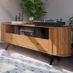 a record player sitting on top of a wooden cabinet next to a potted plant