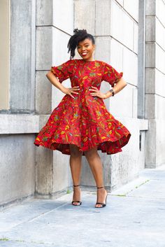 MANDISA RED RUFFLE Midi Dress | Etsy Ghana African Print Clothing, Ruffle Midi Dress, African Clothing Styles, Cotton Midi Dress, Green Midi Dress, Dress Gift, Mid Dresses, Mid Length Dresses, Stretch Dress