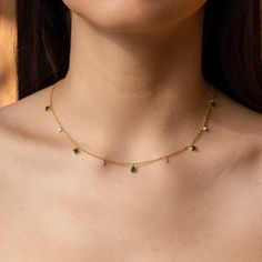 E M E R A L D ∙ S T A T I O N ∙ N E C K L A C E  Feminine and minimalist, our vintage inspired Emerald Diamond Station Necklace is the perfect addition to any outfit. Whether you're meeting friends for a spring picnic or traveling with your significant other, this dainty necklace can complement any personality ♡ * Material: High Quality Solid 925 Sterling Silver  * Finish: Sterling Silver ∙ 18K Gold  * Featuring ~5.5mm Pear cut and ~5mm Princess cut CZ Emerald gemstones, and ~3mm Round CZ Diamon Minimalist Green Charm Necklace For Everyday Wear, Minimalist Green Charm Necklace For Everyday, Green Minimalist Charm Necklace For Everyday, Diamond Necklace Vintage, Classy Pendant, Gold Gemstone Necklace, Emerald Necklace Pendant, Teardrop Diamond, Spring Picnic