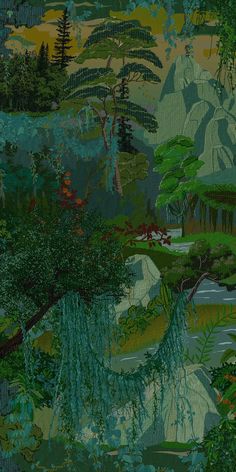 an image of a painting with trees and mountains in the backgroung area