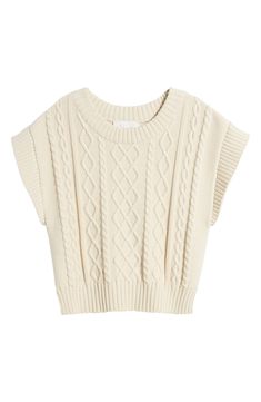 A layering essential, this creamy sweater is knit from soft organic-cotton yarn with textural cable stitches. Crewneck Short sleeves 100% organic cotton Dry clean Imported Cozy Cotton Crew Neck Sweater Vest, Cotton Pointelle Knit Sweater For Layering, Cotton Cable Knit Top For Fall, Cotton Cable Knit Sweater With Relaxed Fit, Fall Cotton Cable Knit Top, Beige Cable Knit Sweater Vest, Fall Cable Knit Cotton Top, Cozy Cotton Chunky Knit Top, Cozy Cotton Textured Knit Top