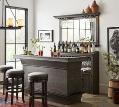 a home bar with stools in front of it