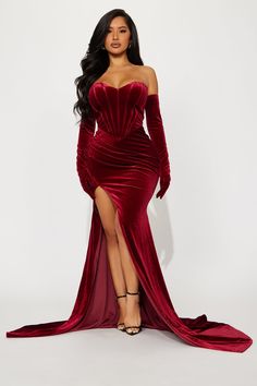 Adeline Velvet Gown - Wine | Fashion Nova Gown With Gloves, Red Velvet Gown, Burgundy Evening Gown, Red Corset Dress, Red Wine Dress, Red Wedding Gowns, Velvet Dressing Gown, Purple Corset, Red Holiday Dress