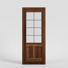 a wooden door with glass panels on the top and bottom panel, in front of a white background