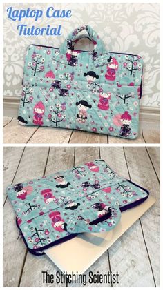 the sewing scientist's laptop case pattern is shown in two different pictures, and it has