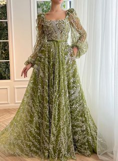 Evergreen Iris Gown | Teuta Matoshi Green Gown Elegant, Green Couture Gown, 2024 Dress Trends, Green Bridal Dress, With Sleeves Gown, The Glittering Court, Embroidered Gowns, Glamour Gown, Gilded Glamour