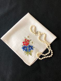 Red White And Blue Flowers, Vintage Red White And Blue, Flower Handkerchief, Embroidered Handkerchief, White And Blue Flowers, Wedding Fabric, Red White And Blue, 11 Inches, Vintage Floral